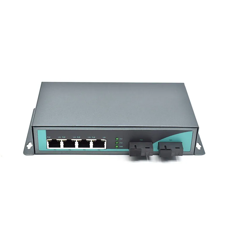 showcase of Unmanaged 4 Ports Wallmount Type PoE Media Converter, Gigabit, 2 SC Fiber Uplinks, IEEE 802.3af/at