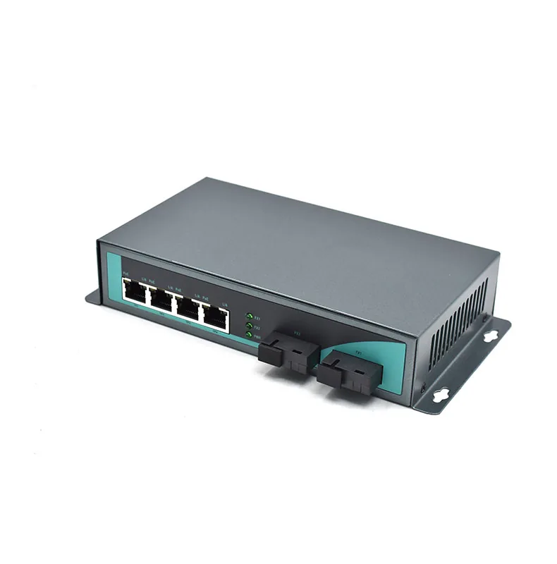 Product Gallery: Unmanaged 4 Ports Wallmount Type PoE Media Converter, Gigabit, 2 SC Fiber Uplinks, IEEE 802.3af/at 2
