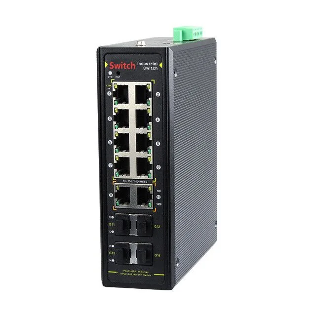 showcase of Managed Gigabit Industrial Ethernet Switch, 10 RJ45 Ports, 4 SFP Uplinks, L2+ Routing, ERPS, DIN-Rail