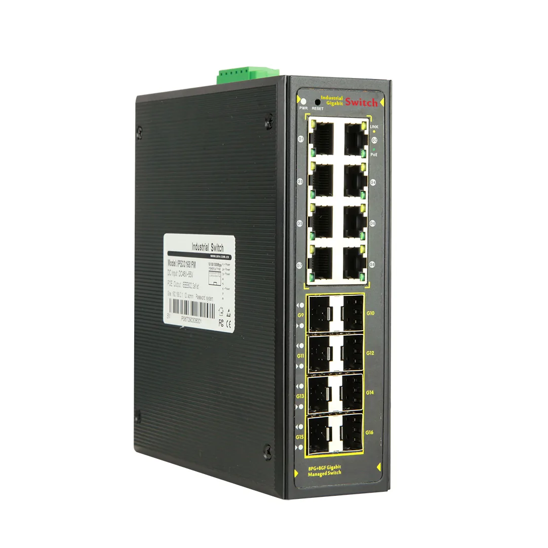 showcase of Managed 16-Port Gigabit Industrial Fiber Switch, 8 RJ45 + 8 SFP, L2+ Routing, ERPS Ring, DIN-Rail