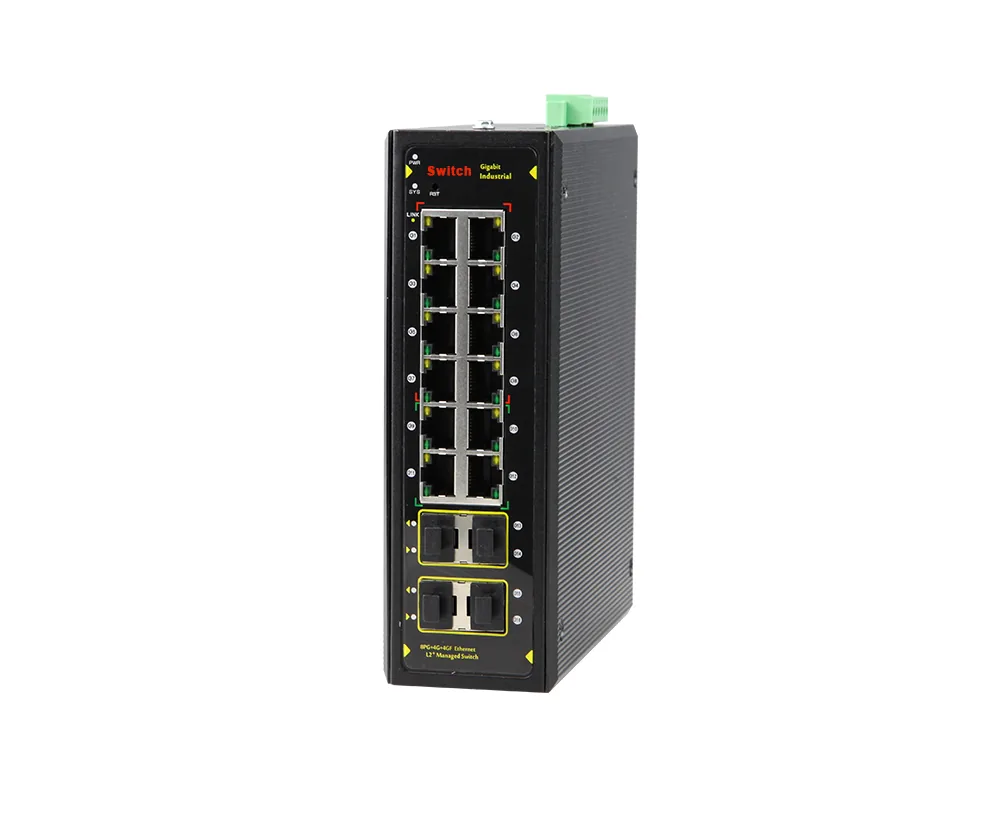 Product Gallery: Managed 16-Port Gigabit Industrial Fiber Switch, 8 RJ45 + 8 SFP, L2+ Routing, ERPS Ring, DIN-Rail 3
