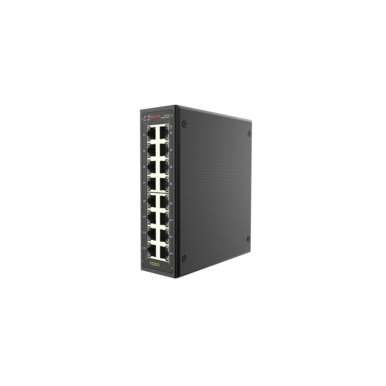 Managed Gigabit Industrial Ethernet Switch, 16-Port RJ45, L2+ Static Routing, ERPS <20 ms, DIN-Rail