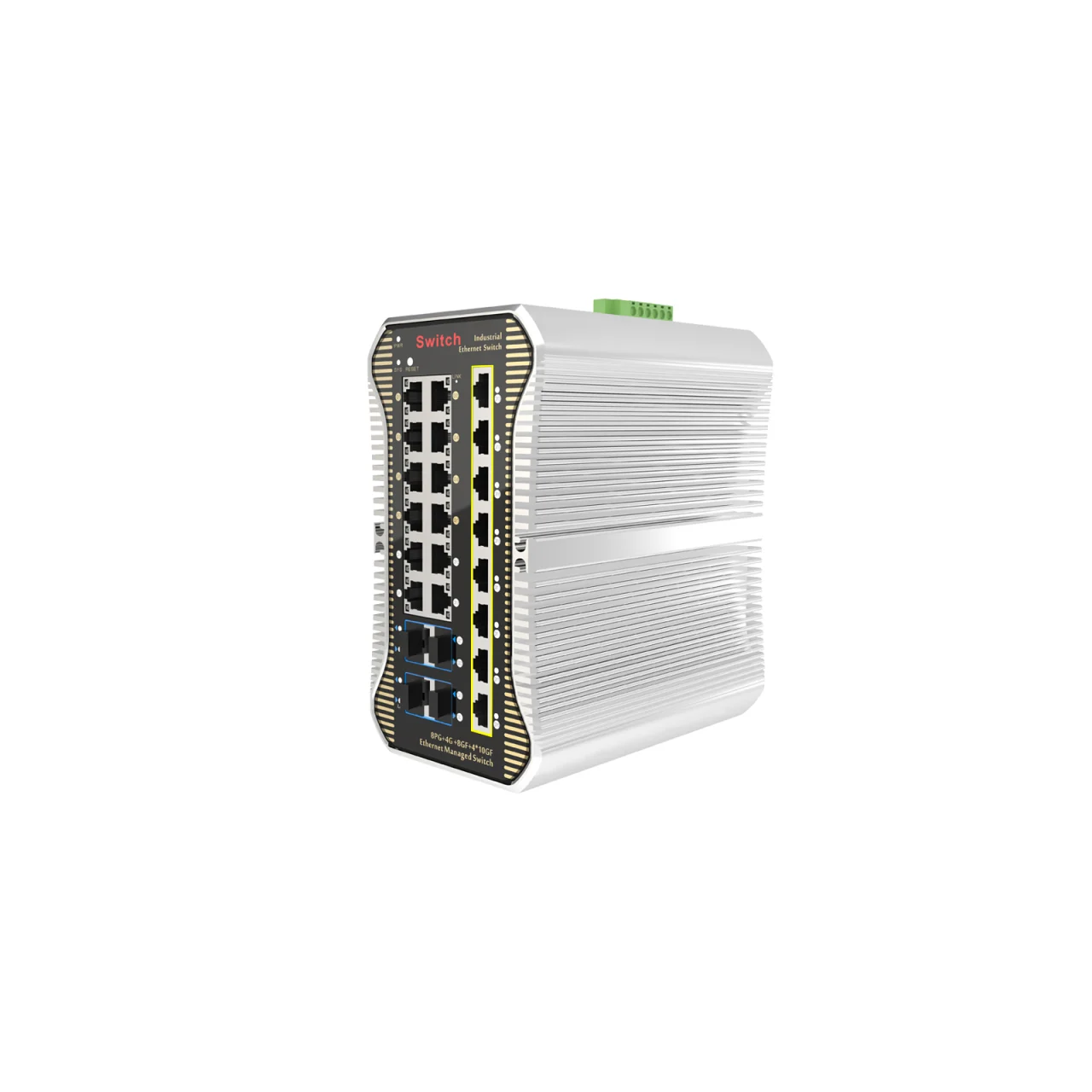 Managed 24-Port L3 Industrial Fiber Switch, 12 Gigabit RJ45, 8 SFP, 4 SFP+ 10G Uplink, DIN-Rail