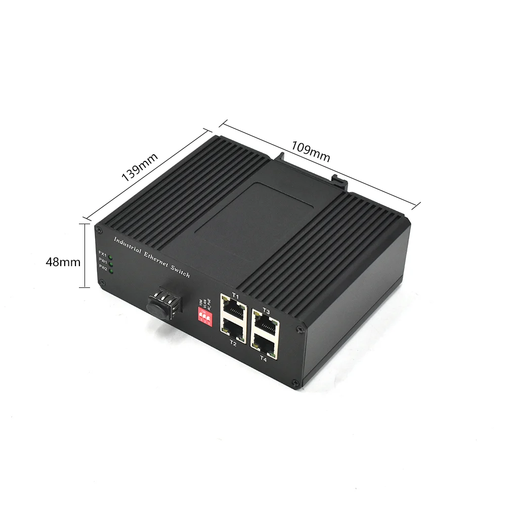 Product size: Unmanaged 4 Port Industrial Ethernet Switch with 1 Gigabit Fiber Port DIN Rail, 802.3af/at PoE
