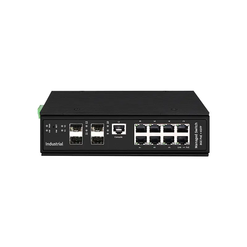 Industrial L3 Managed PoE Switch 8GE + 4 10G SFP+ 8 RJ45 4 SFP+ 90W bt PoE 128Gbps -40~75C DIN-Rail
