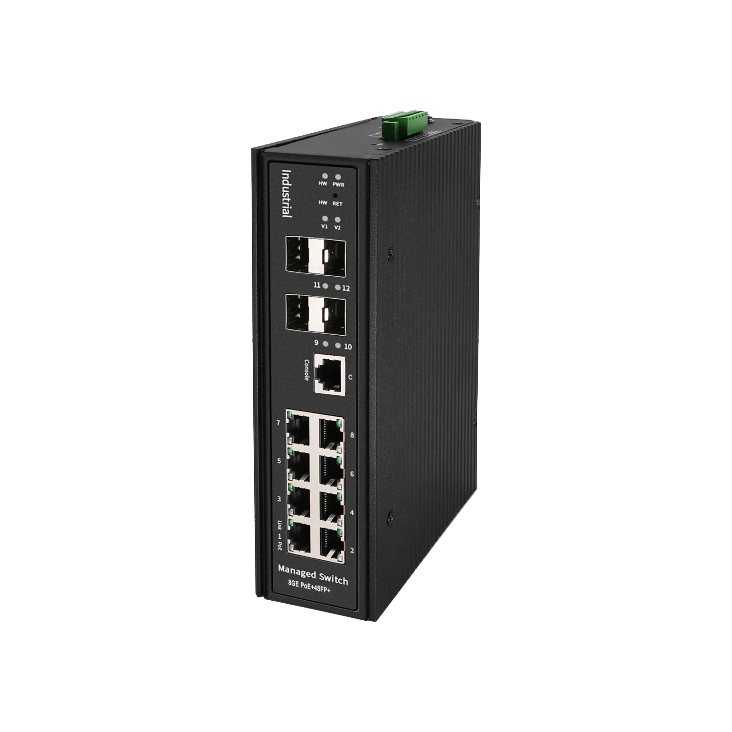 Product Gallery: Industrial L3 Managed PoE Switch 8GE + 4 10G SFP+ 8 RJ45 4 SFP+ 90W bt PoE 128Gbps -40~75C DIN-Rail 4